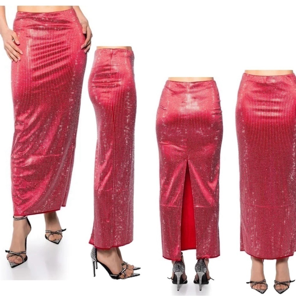 AKIRA Decision Maker Rhinestone Embellished Diamante Sparkly Maxi Skirt in Red L
